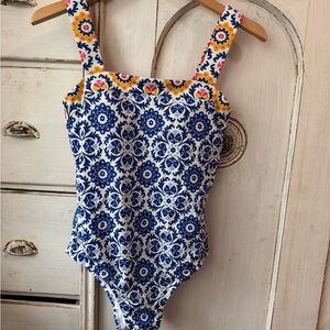 Boden square neck One Piece swimsuit in Mosaic Bloom size 10